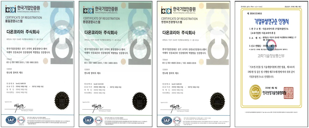 다온코리아 ISO 9001, ISO 14001, ISO 45001 인증서와 기업부설연구소 인정서